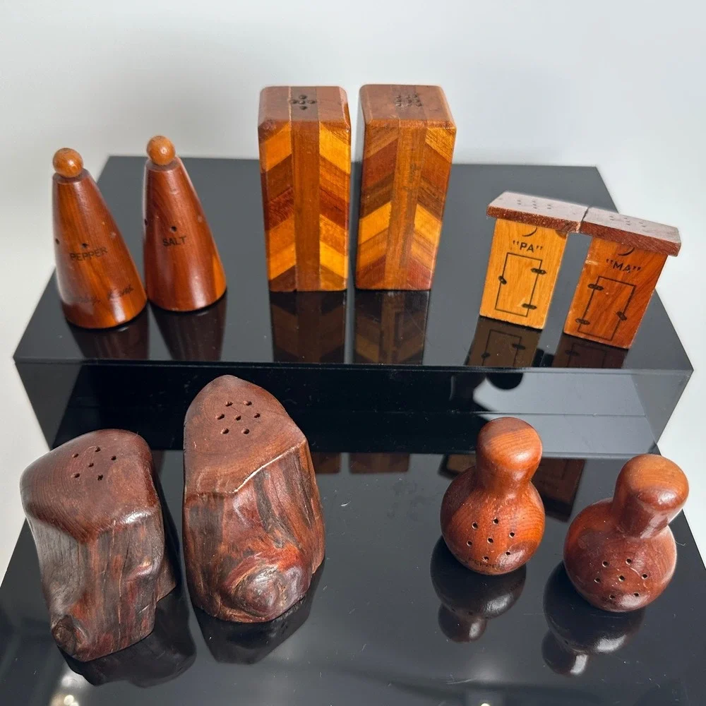 Vintage Salt Pepper Shaker Set Lot of 5 Wood Inlay Souvenir Novelty Rustic Mini